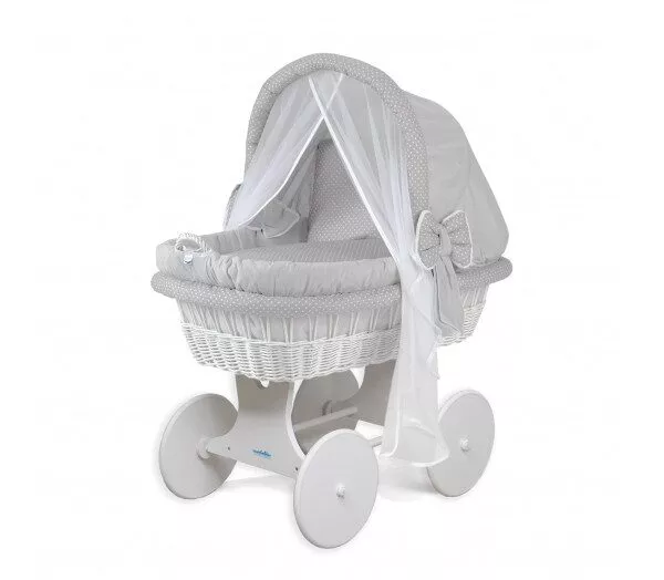 Wiklinowy Kosz Mojżesza Biały Pościel Szara