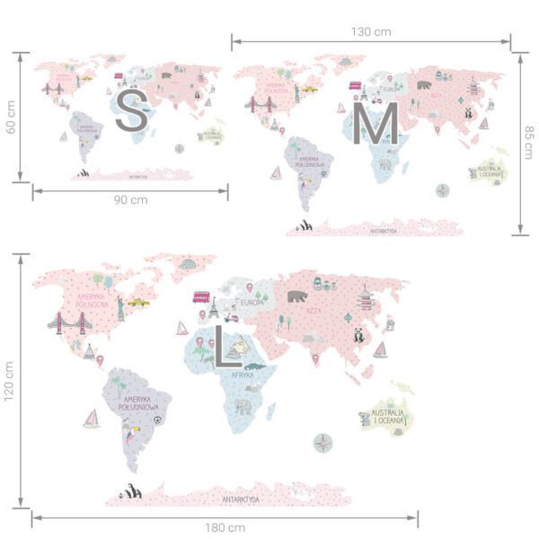 Mapa świata różowa L – Naklejki na ścianę