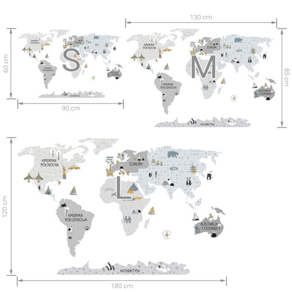 Mapa świata szara L – Naklejki na ścianę