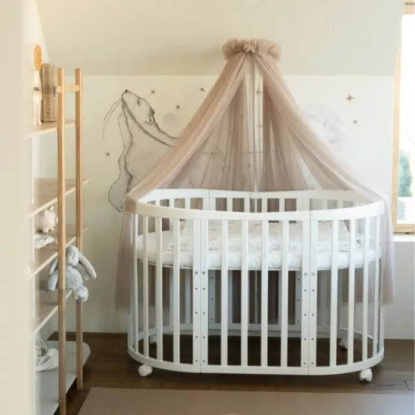 Tiulowy baldachim do łóżeczka Taupe + stelaż na baldachim