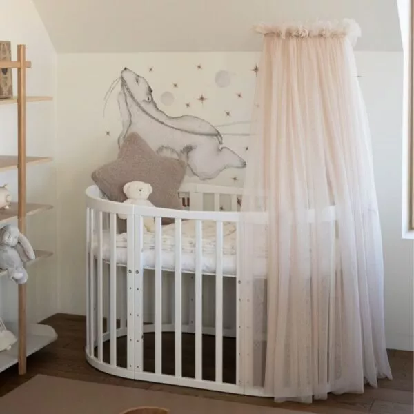 Tiulowy baldachim do łóżeczka Beż + stelaż na baldachim