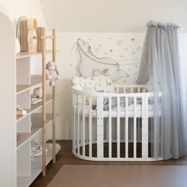 Tiulowy baldachim do łóżeczka Szary + stelaż na baldachim