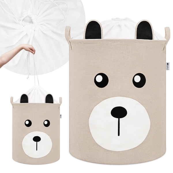 Bawełniany kosz na zabawki BEŻOWY MIŚ XL, zamykany na ściągacz