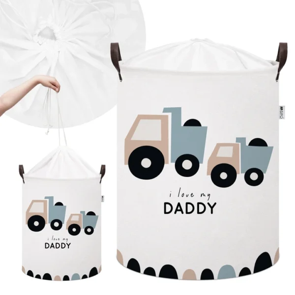 Bawełniany kosz na zabawki CIĘŻARÓWKI XL, zamykany na ściągacz