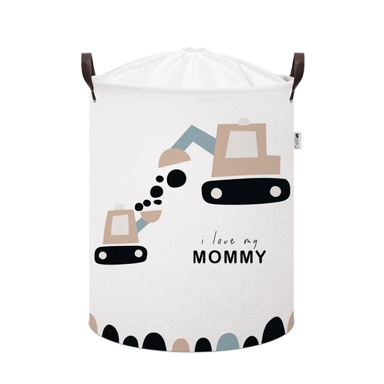 Bawełniany kosz na zabawki KOPARKI XL, zamykany na ściągacz