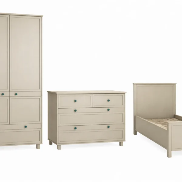 Zestaw Vintage Premium – elegancki pokój dziecka | Wood Luck Design (eukaliptus, łóżko 90x200, 3 elementy)